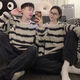 Autumn and winter coral velvet couple pajamas for men and women, teenagers and students can wear thickened flannel home clothes suit KE-R141# black and white striped cat pullover 2XL male