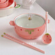 Sailotou instant noodle bowl three-piece set strawberry ceramic i-style double-eared soup bowl with lid student eating bowl cute girly tableware Strawberry instant noodle bowl + spoon + chopsticks
