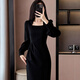 Bangboshi Black Dress Women's 2025 Autumn New Slim Fit Square Neck High-Quality French Casual Long Dress French Square Neck Black Dress Long Sleeve M Suitable (101-115)