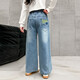 
Wooden wooden house girls' pants children's casual pants jeans spring and autumn clothing medium and large children's loose straight wide-leg pants blue 160