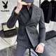 Playboy spring and autumn business casual suit men's slim and handsome double-breasted groom's suit three-piece wedding dress dark gray (suit + trousers) XL