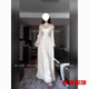 Dongjing plus size fat mm French heavy industry satin lantern sleeve splicing dress women's autumn one-shoulder bridesmaid dress long dress skirt 4XL recommended 180-200Jin Jin is equal to 0.5 kg