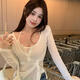 He Jianbing blouse, lazily style, v-neck, long-sleeved T-shirt, scheming t-shirt, women's early autumn long-sleeved v-neck short top, small design sense, white top, two-piece set, L 2L, 14117Jin[Jin equals 0.5 kg]