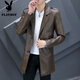 Playboy (PLAYBOY) chaqueta de cuero de longitud media con cuello de traje para hombre, chaqueta de cuero de PU delgada e informal de negocios, chaqueta de traje cortavientos atractiva de color sólido 8810 negro de longitud media 3XL (145-158Jin Jin equivale a 0,5 kg)