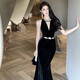 For a dynamic and heavy-duty studded velvet banquet dress, high-waisted figure-hugging butt-hugging long fishtail little black dress, black M