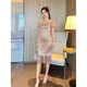 Ink Kiss Her Cocktail Dress 2025 Summer New Women's French Square Neck Puff Sleeve Slim Fit Tassel Dress Nude Gold S