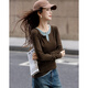 Demana contains fluffy sheep wool, autumn design fake two-piece sweater, color-blocked slim long-sleeved sweater for women