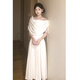 ACJK French style gentle white moonlight swing collar dress feminine and beautiful waist waist banquet dress long skirt off-white L