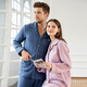 American Standard thickened and warm couple's long-sleeved pajamas autumn and winter quilted simple home wear set gray blue L
