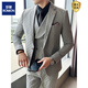 ROMON suit suit men's three-piece slim coat plaid small suit professional formal groom handsome wedding dress trendy dark gray suit + vest + trousers + white shirt + black tie M