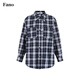 Fano studios Fan Luo Fano casual and versatile brushed yarn-dyed plaid contrasting color set four-button relaxed shirt women's top blue and white plaid ready stock L