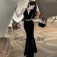 For a dynamic and heavy-duty studded velvet banquet dress, high-waisted figure-hugging butt-hugging long fishtail little black dress, black M