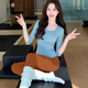 Double show high-looking yoga wear autumn and winter tops for women, fashionable and beautiful, professional Pilates training, sports and fitness long-sleeved suits, mint blue top + gingerbread pants S 85-100