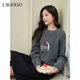 LAGOGO Cherry Black Forest Dark Gray Sweater Women Lagogu 2025 Winter New Style Woolen Round Neck Sweater Dark Gray M