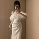 ACJK French style celebrity banquet evening dress long skirt-like slim one-shoulder fishtail dress spring and winter new style white S