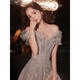 Gray banquet evening dress 2025 new one-shoulder elegant annual meeting host fairy temperament birthday party dress gray long S