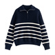 Chuyu Sweater Women's 2025 Winter New Striped Lapel Thick Warm Knitted Top Navy Blue White Striped L