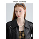 VEGA CHANG black leather jacket for women 2025 autumn new British style cool motorcycle leather jacket short coat Obsidian Black S