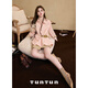 TUNTUN Autumn and Winter foldout, very recognizable, personalized pleated belt waist-cinching pink long-sleeved shirt top, rubber powder in stock S