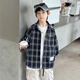 Xizai Pier Children's Clothing Boys' Shirts Spring and Autumn New Style Medium and Large Boys Casual Plaid Shirt Cardigan Thin Jacket Versatile and Trendy Navy 160