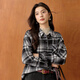 SEIFINI Hong Kong style retro commuter shirt 2025 autumn and winter new contrast color plaid long-sleeved temperament lapel top for women black M