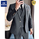 ROMON suit suit men's three-piece slim coat plaid small suit professional formal groom handsome wedding dress trendy dark gray suit + vest + trousers + white shirt + black tie M