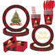 Red Christmas Party Paper Plate Tableware Set Printed Plaid Children's Christmas Disposable Paper Cups Tissue Paper Plates 10-Person 8-piece Set Red
