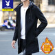 Playboy Men's Mid-Length Windbreaker Jacket Autumn and Winter New Korean Style Handsome Cotton Clothes Casual Velvet Thickened Coat Jacket Black Velvet XL