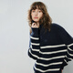 Chuyu Sweater Women's 2025 Winter New Striped Lapel Thick Warm Knitted Top Navy Blue White Striped L