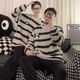Autumn and winter coral velvet couple pajamas for men and women, teenagers and students can wear thickened flannel home clothes suit KE-R141# black and white striped cat pullover 2XL male