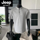 JEEP SPIRIT gray henley collar long-sleeved polo shirt men's American deconstructed splicing right shoulder t-shirt boxy version inner sweatshirt light gray short sleeves M