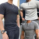 Summer casual American retro Henley shirt short-sleeved fitness tough guy T-shirt men's slim heavyweight thick threaded bottoming shirt Gray M Recommended weight 50-60kg