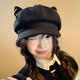 Changyin niche cute cat ear octagonal hat for women in autumn and winter, Japanese style, sweet and versatile, small literary newsboy beret, black cat ear hat, one size M (56-58cm)