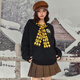 B.Duck Little Yellow Duck Sweater Women's 2025 Winter New Contrast Color Jacquard Plaid Scarf Patch Hooded Sweater Black XS