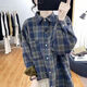 Gobanya lazy style velvet thickened plaid shirt for women retro simple casual loose lapel winter warm shirt jacket blue plus velvet L 90-110Jin Jin equals 0.5 kg