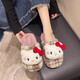 Girls indoor home slippers, winter fashionable cute cat fur shoes, warm non-slip cartoon cotton slippers for women, purple plaid-KT cat cotton slippers 37.5 38-39 size (suitable for 37-38)