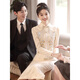 Xin Youjie wedding engagement toast dress 2025 bride autumn and winter long-sleeved wedding dress for women Chinese cheongsam Xiuhe dress champagne color long sleeve M