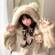 Mori Girl Tribe Sweet Style Contrast Color Hooded Fleece Sweater Women 2025 New Bear Design Versatile Loose Jacket Autumn Milk Tea Color Jacket Plus Velvet (With Doll) M