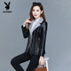 Playboy (PLAYBOY) leather jacket women's velvet thickening short Korean version slim and slim 2025 autumn and winter new fur all-in-one mother's wear Ruiyan black short velvet thickened 7XL 145-160Jin Jin equals 0.5 kg