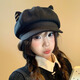 Changyin niche cute cat ear octagonal hat for women in autumn and winter, Japanese style, sweet and versatile, small literary newsboy beret, black cat ear hat, one size M (56-58cm)
