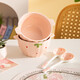 Girly Heart Strawberry Double-Eared Bowl and Spoon Thickened Soup Bowl Salad Bowl Rice Bowl Household Bowl High-Looking Underglaze Color Tableware Light Pink Strawberry Double-Eared Bowl (2 Bowls 2 Spoons) 4-piece Set