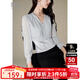Late White New Product 2025 Autumn V-neck Temperament Top Fashionable Versatile Slim Commuting Shirt for Women Silver Gray M