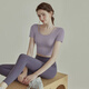 Bright dipped yoga tops for women with chest pads solid color short-sleeved professional Pilates sports T-shirts slim running training fitness clothes purple fixed cup M