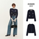 Semir Chen Turin Knitted Cardigan Women's Small Loose Short Round Neck Sweater 2025 Winter New Pattern Embroidered Right Shoulder Sweater Blue Tone 00388 L