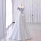 One-shoulder evening dress for women, banquet style, light luxury, niche high-end host, adult ceremony, tutu skirt dress, light blue S