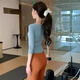 Double show high-looking yoga wear autumn and winter tops for women, fashionable and beautiful, professional Pilates training, sports and fitness long-sleeved suits, mint blue top + gingerbread pants S 85-100