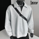 IZEXX half-zip sweatshirt men's spring American loose lapel polo shirt casual top long sleeve JW54 light gray L