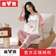 雅鹿睡衣女士夏季纯棉V领短袖七分裤宽松休闲可外穿春家居服套装凉感 品牌T-9855(短裤套装) M (80-100斤)