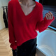 Su Yuwei Christmas red v-neck pullover sweater for women in autumn and winter new style lazy style soft waxy loose slimming sweater top red Follow the store - free shipping insurance S (80-95Jin Jin is equal to 0.5 kg)