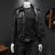 2025 velvet thickened lapel motorcycle leather jacket for men, fashion trend, slim and handsome leather jacket, youth short jacket, black without velvet L (size recommendation 100-115Jin Jin equals 0.5 kg)